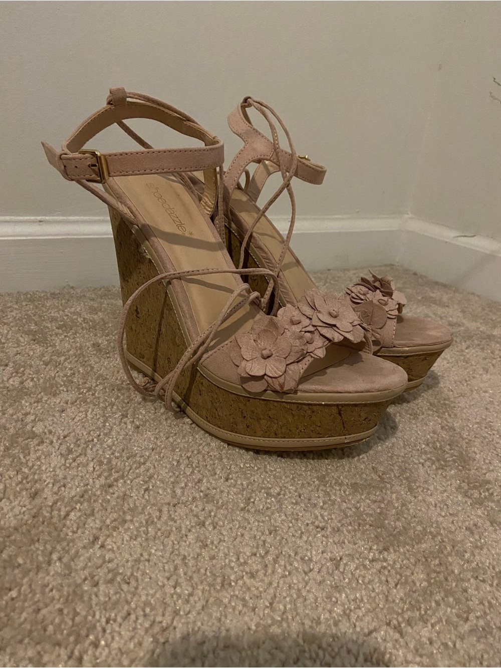 Shoe Dazzle Pink Floral Cork Wedge Sandals